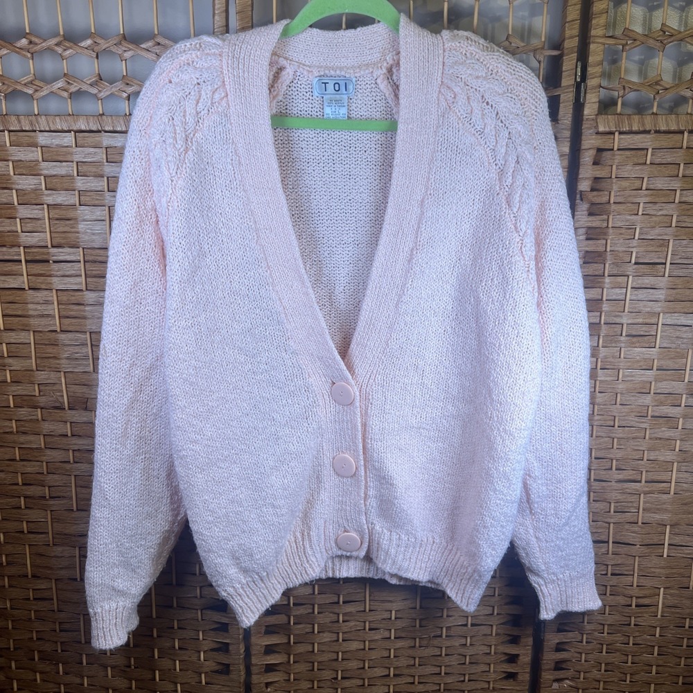 Vintage TOI Cardigan SWEATER - Pink Size L - V-Neck - Buttons - Shoulder Pads